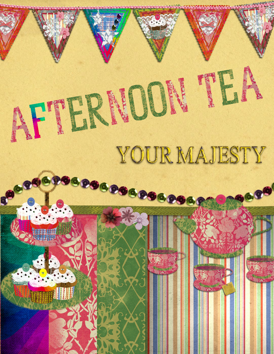 colorful different pattern planner, colorful banner, with cupcakes on lazy suzy, three tea cups and tea pot, Afternoon Tea Your Majesty