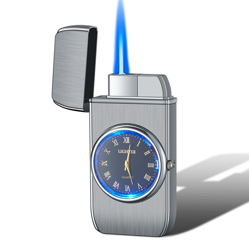 Electronic roman numeral Watch on front & Lighter-in-one, silver with silver round and blue face