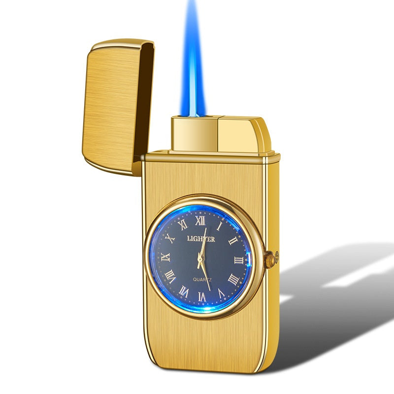 Electronic roman numeral Watch on front & Lighter-in-one, gold and blue face